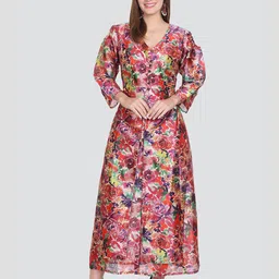 Elthia Floral Printed V-Neck Cold-Shoulder Sleeves Layered Silk Fit & Flare Midi Dress-picture-15