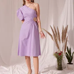 STREET 9 One Shoulder Short Puff Sleeves Fit & Flare Midi Dress-image-16