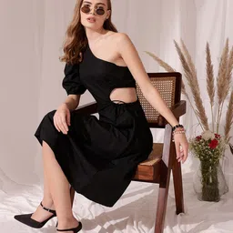 STREET 9 One Shoulder Puff Sleeves Cotton Fit & Flare Midi Dress-image-50