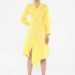 RAREISM Women Solid Mandarin Collar Cuffed Sleeves Fit & Flare Midi Dress-picture-38