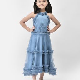Eavan Girls Floral Applique Tie Up Net Fit & Flare Midi Dress-picture-57