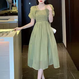 LULU & SKY Square Neck Puff Sleeves Smocked Detailed Fit & Flare Midi Dress-image-23