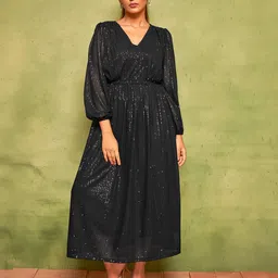 Curvy Lane Embellished V-Neck Puff Sleeves Sequinned Fit & Flare Midi Dress-picture-39