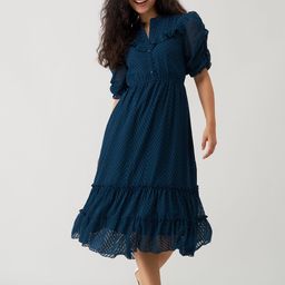 AASK Self Design Puff Sleeve Crepe Ruffled Fit & Flare Midi Dress-18