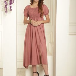 BAESD Square Neck Puff Sleeves Smocked Slit Fit & Flare Midi Dress-image-18