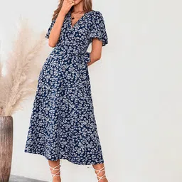 StyleCast Navy Blue V Neck Floral Printed Flared Sleeve Wrap Dress-picture-23