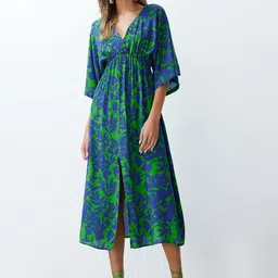 Trendyol V Neck Floral Print Flared Sleeve Fit & Flare Midi Dress-picture-42