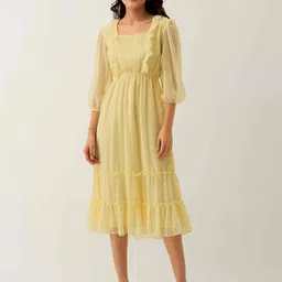 AASK Self Design Square neck Puff Sleeves Gathered or Pleated Fit & Flare Midi Dress-picture-16