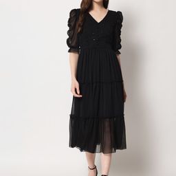 ARDITA Women Puff Sleeve Chiffon Tiered A-Line Midi Dress-image-26