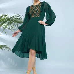 Antheaa Embroidered Puff Sleeve Fit & Flare Midi Dress-image-77
