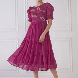 Antheaa Embroidered Round Neck Puff Sleeve Fit & Flare Midi Dress-image-32