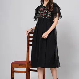 JC4U Self Design Flared Sleeve Embroidered Chiffon A-Line Dress-image-14
