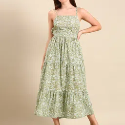 MALHAAR Floral Printed Shoulder Straps Tie Up & Gathered Cotton Tiered Fit & Flare Dress-image-25