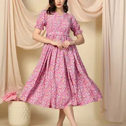 FASHION DREAM Floral Printed Round Neck Fit & Flare Midi Dress-picture-18