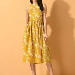 KALINI Floral Printed Gathered Or Pleated Cotton Fit & Flare Midi Dress-image-35