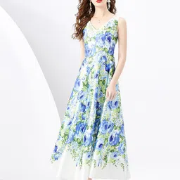 JC Collection Floral Printed V-Neck Sleeveless Fit & Flare Midi Dress-image-96