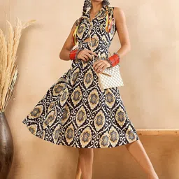 WineRed Ethnic Motifs Printed Cuban Collar Cut-Outs Cotton A-Line Dress-picture-2