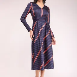 FableStreet Striped Fit & Flare Midi Dress With Belt-image-12