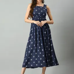 KALINI Floral Printed Gathered Detailed Liva Fit & Flare Midi Dress-picture-53