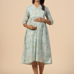CRAFIQA Floral Printed Maternity Pure Cotton Fit & Flare Midi Dress-image-59