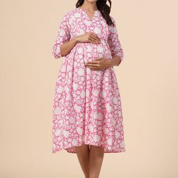 CRAFIQA Floral Printed Maternity Pure Cotton Fit & Flare Midi Dress-image-56