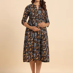 CRAFIQA Floral Printed Maternity Cotton Fit & Flare Midi Dress-image-60