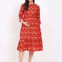 Aujjessa Red Floral Print Maternity Fit & Flare Midi Dress-image-83