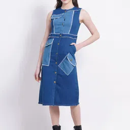 SUMAVI-FASHION Round Neck Organic Cotton Denim Fit & Flare Midi Dress-picture-26