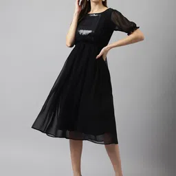 TOOCHKI Round Neck Puff Sleeves Sequinned Georgette Fit & Flare Midi Dress-picture-5