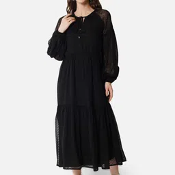 BAESD Self Design Tie-Up Neck Puffed Sleeves Georgette Fit & Flare Maxi Tiered Dress-image-25
