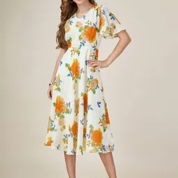 MOJILAA Floral Printed Round Neck Flared Sleeve Georgette Fit & Flare Midi Dress-image-95