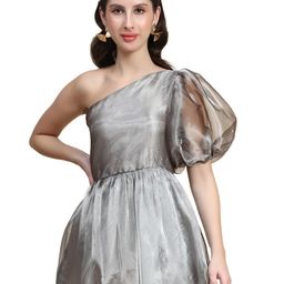 Rujave One Shoulder Puff Sleeves Crepe Fit & Flare Mini Dress-image-81