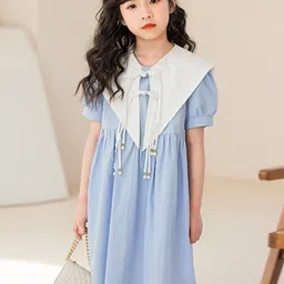 StyleCast Girls Blue Puff Sleeves Cotton Fit & Flare Dress-image-28