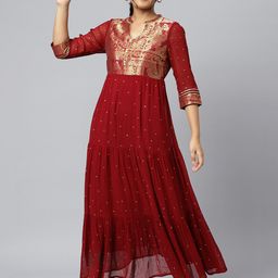 AURELIA Maroon & Gold Printed Ethnic Motifs Maxi Dress-picture-15