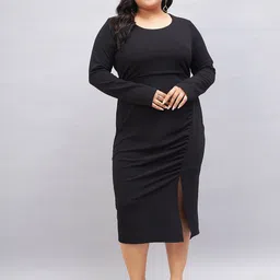 Orchid Blues Plus Size Round Neck Long Sleeves Ruched Sheath Midi Dress-image-76
