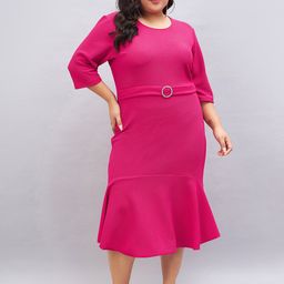 Orchid Blues Plus Size Round Neck Belted Tiered Sheath Midi Dress-24