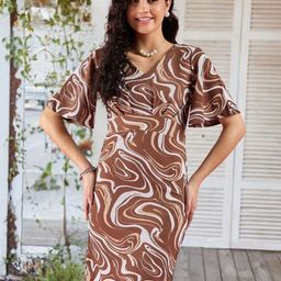 DressBerry Printed Flared Sleeve Sheath Midi Dress-image-65