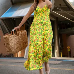 SHOOLIN Floral Print Shoulder Straps Gathered & Tiered Detail Cotton Maxi Dress-picture-27