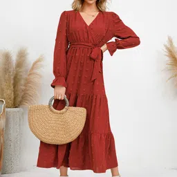 StyleCast Maroon Self Design V-Neck Bell Sleeve Tie Up Tiered Wrap Dress-picture-17
