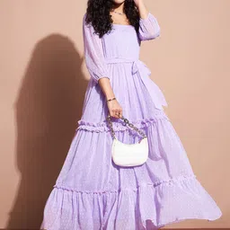Deewa Square Neck Puff Sleeves Tiered Ruffled Georgette Maxi Dress-image-41