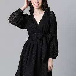 Oxolloxo Self Design V-Neck Puff Sleeve Tie-Up Semi Sheer Fit & flare Dress-picture-20