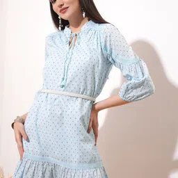 Vishudh Blue Polka Dot Print Tie-Up Neck Cotton Shirt Dress-image-13