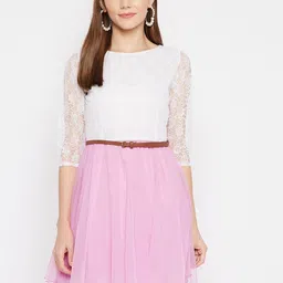 U&F Lavender & White Lace Colourblocked Fit & Flare Net Dress-image-38