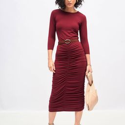 SASSAFRAS Maroon Ruched Bodycon Midi Dress-image-81