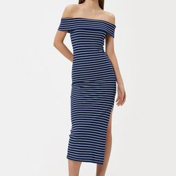 Koton Women Striped Bodycon Off-Shoulder Dress-image-96