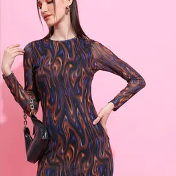 Tokyo Talkies Brown And Blue Abstract Printed Bodycon Mini Dress-image-16
