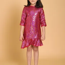 PICCOLO Pink Embellished Sequinned A-Line Cotton Dress-46