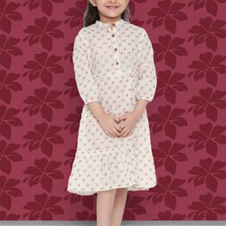 Indo Era Girls Beige Floral Printed Layered Cotton A-Line Dress-image-70
