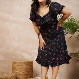 Berrylush Curve Plus Size Conversational Print Sweetheart Neck Ruffled A-Line Midi Dress-image-19