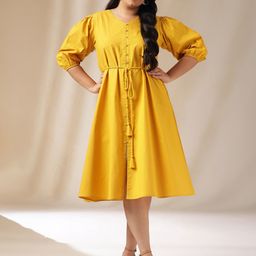 Janasya Plus Size V-Neck Puff Sleeve Tie-Ups Cotton Fit & Flare Dress-24